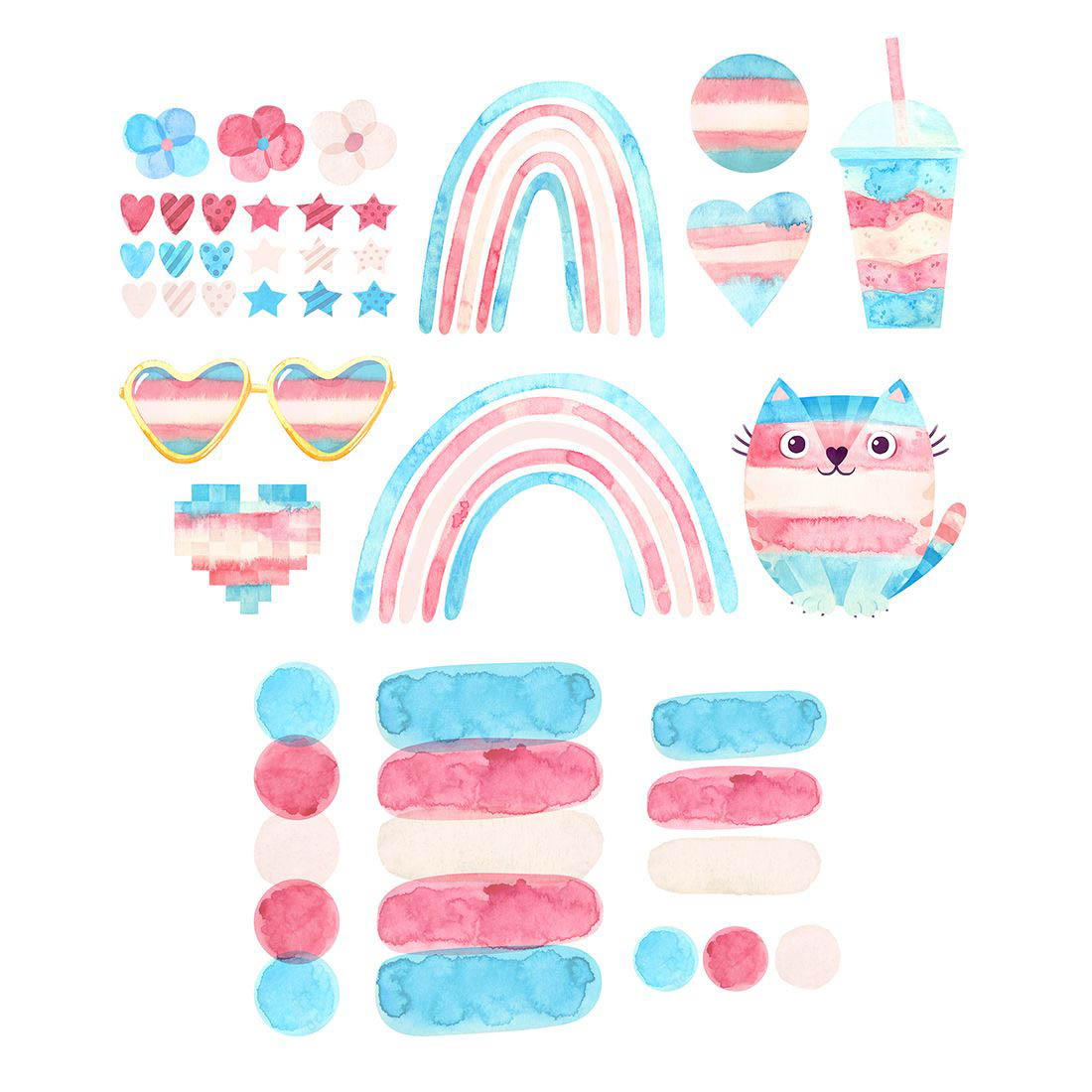 Transgender pride watercolor clipart & seamless patterns. LGBTQIA pride month, Trans rainbow flags.
