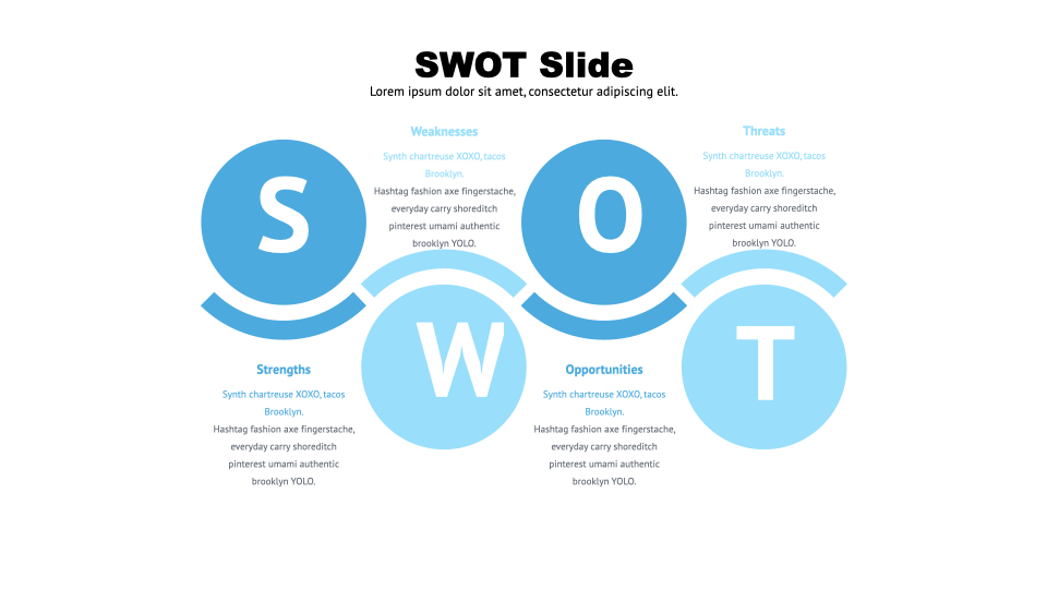 Such a colorful and stylish version of SWOT analysis is presented through infographics.