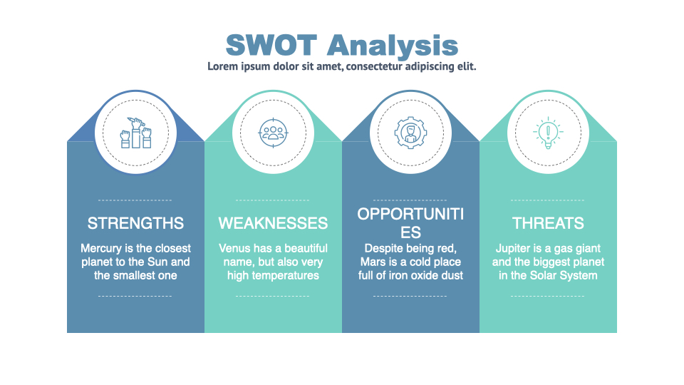 Interactive example for SWOT analysis with many simple icons.