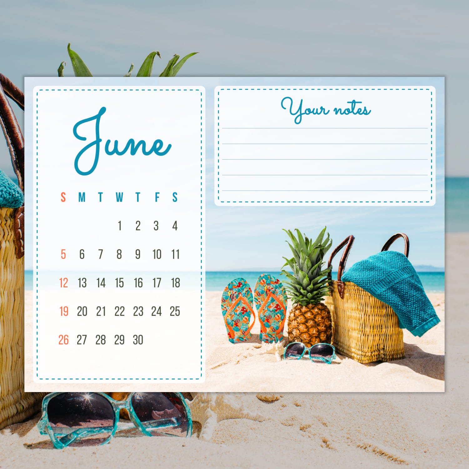 Free Beach June Editable Calendar cover.