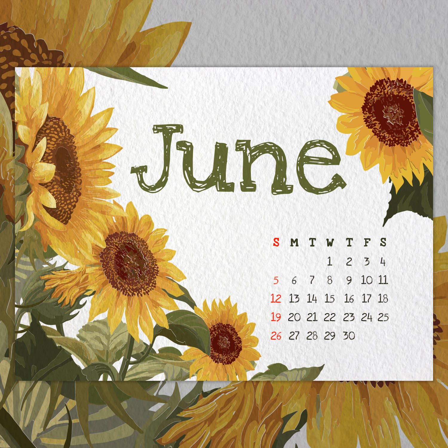Free Watercolor Sunflower June Calendar cover.