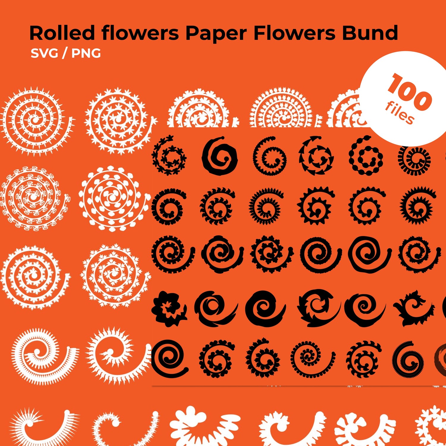100 Rolled flowers Paper Flowers Bund SVG PNG cover image.