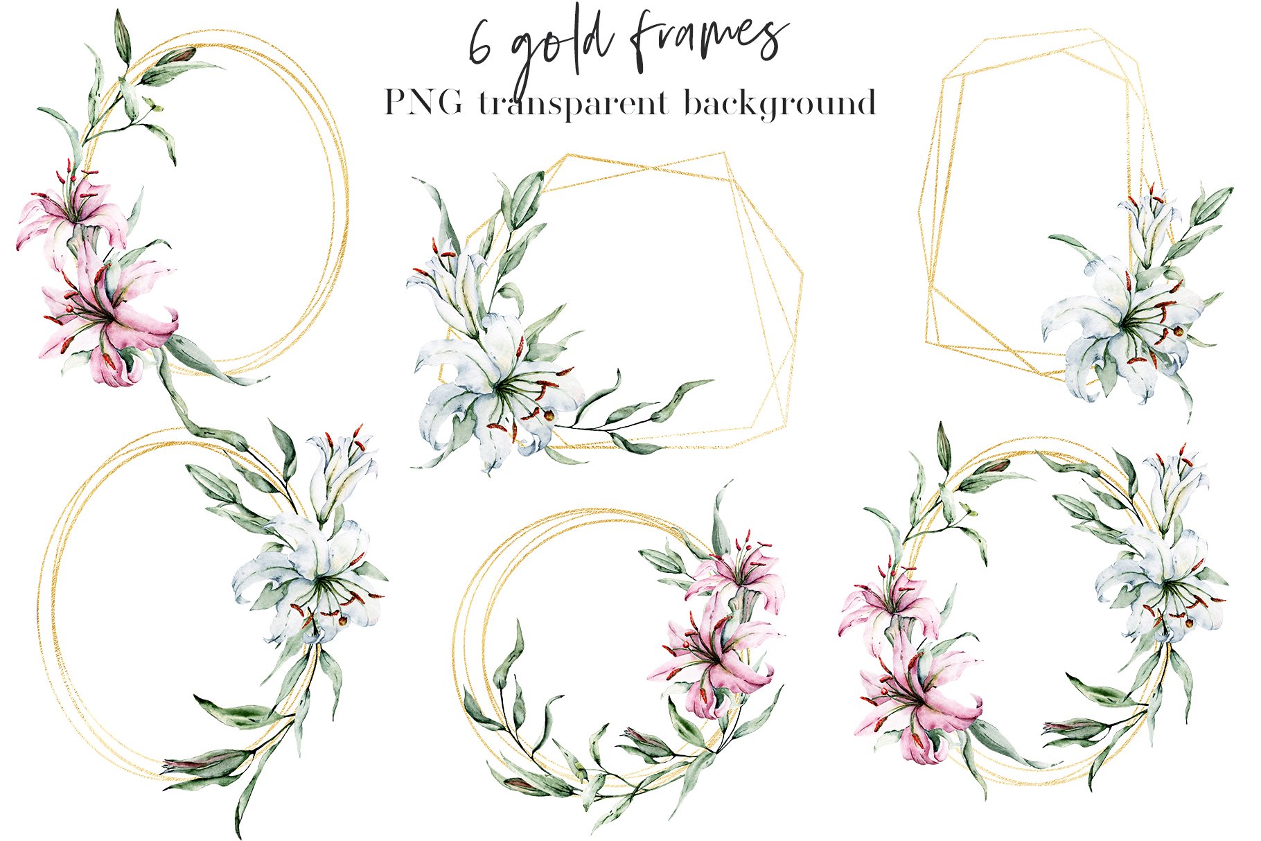This bundle contains 6 gold frames with floral elements.