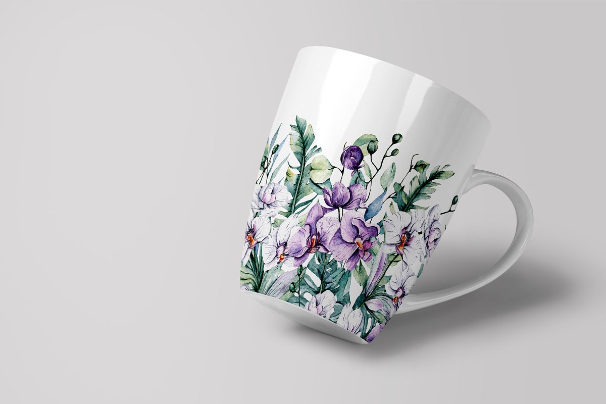 Beautiful orchid flowers with hummingbird for themed cup.
