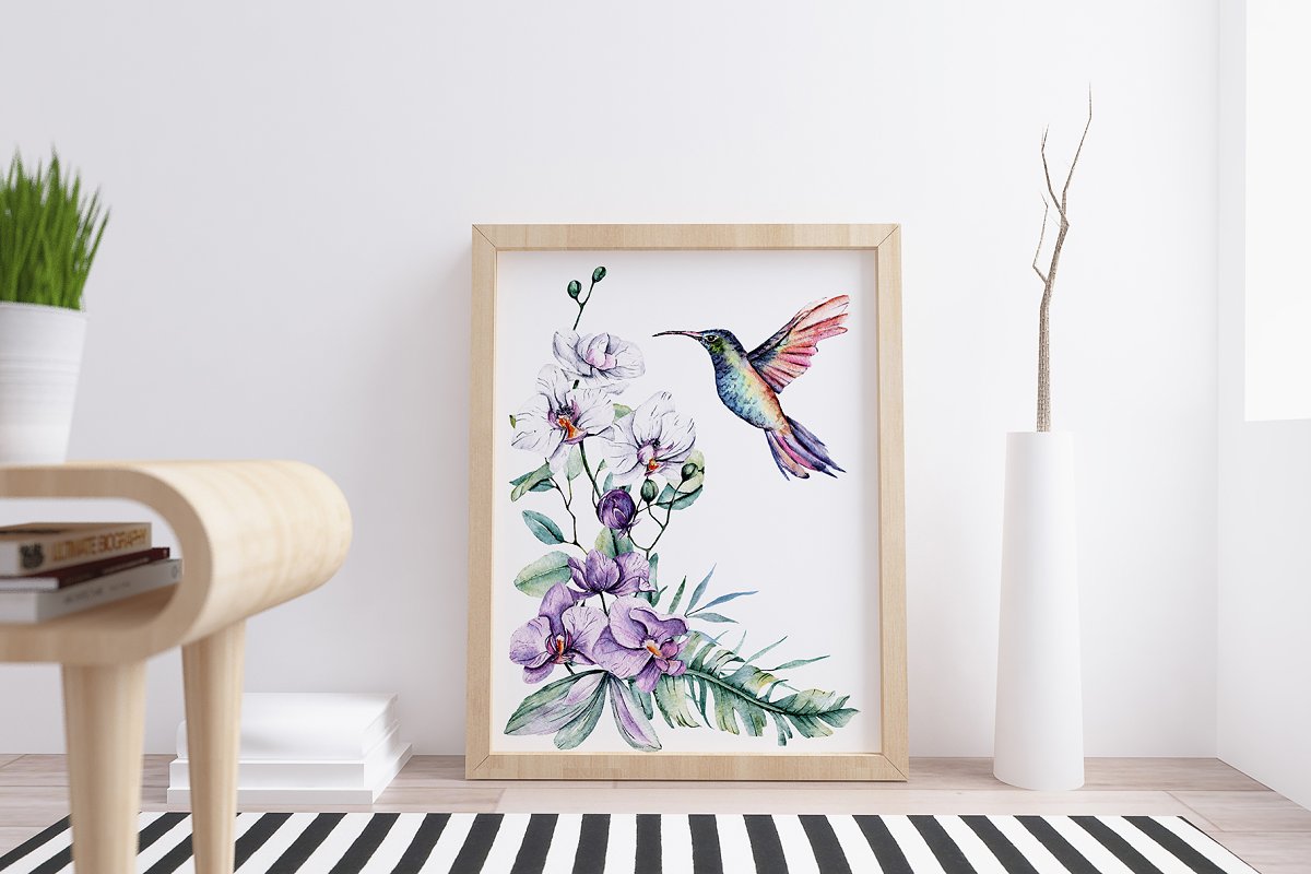 Print with beautiful orchids and birds.