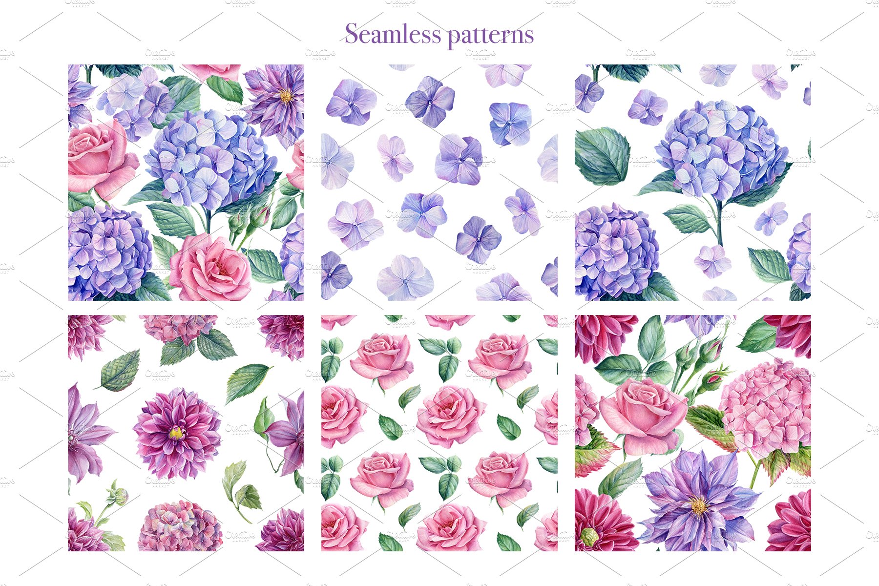 Diverse of floral seamless patterns.