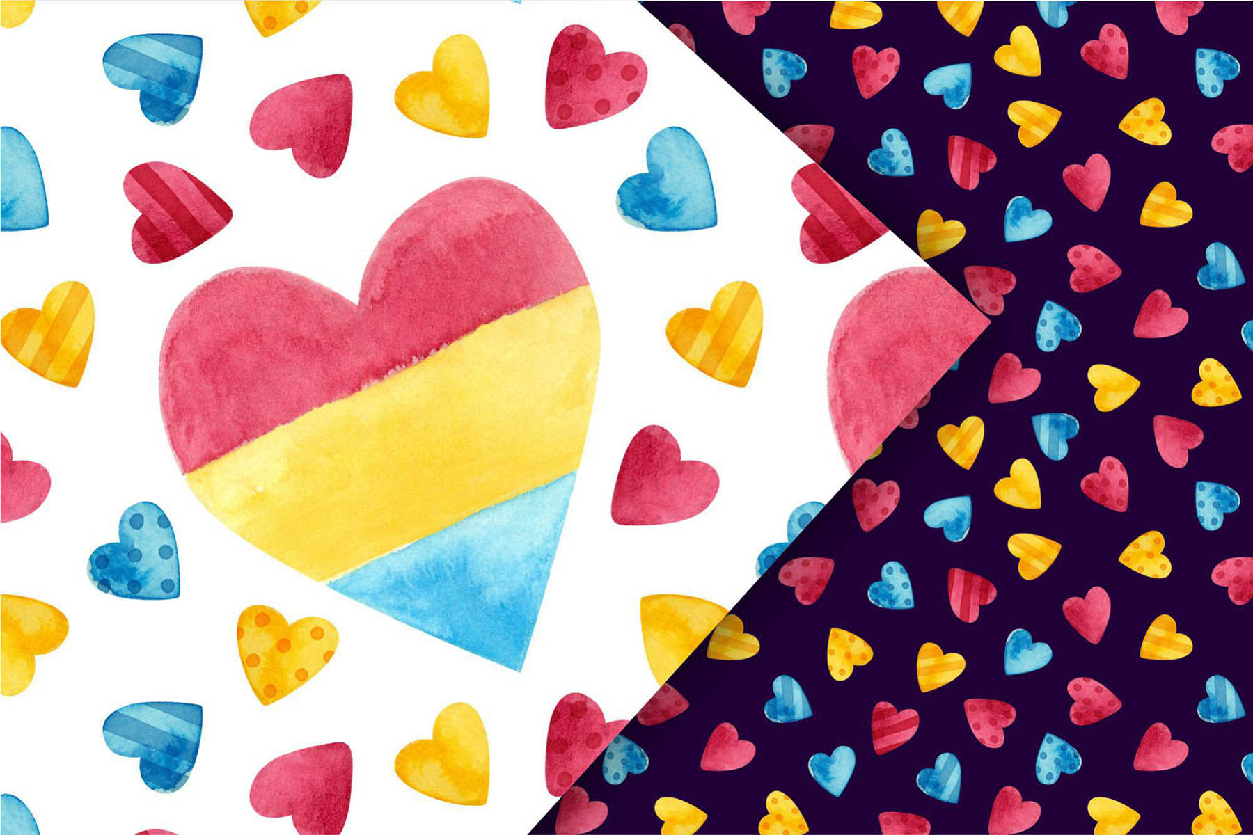 Transgender pride watercolor clipart & seamless patterns with hearts.