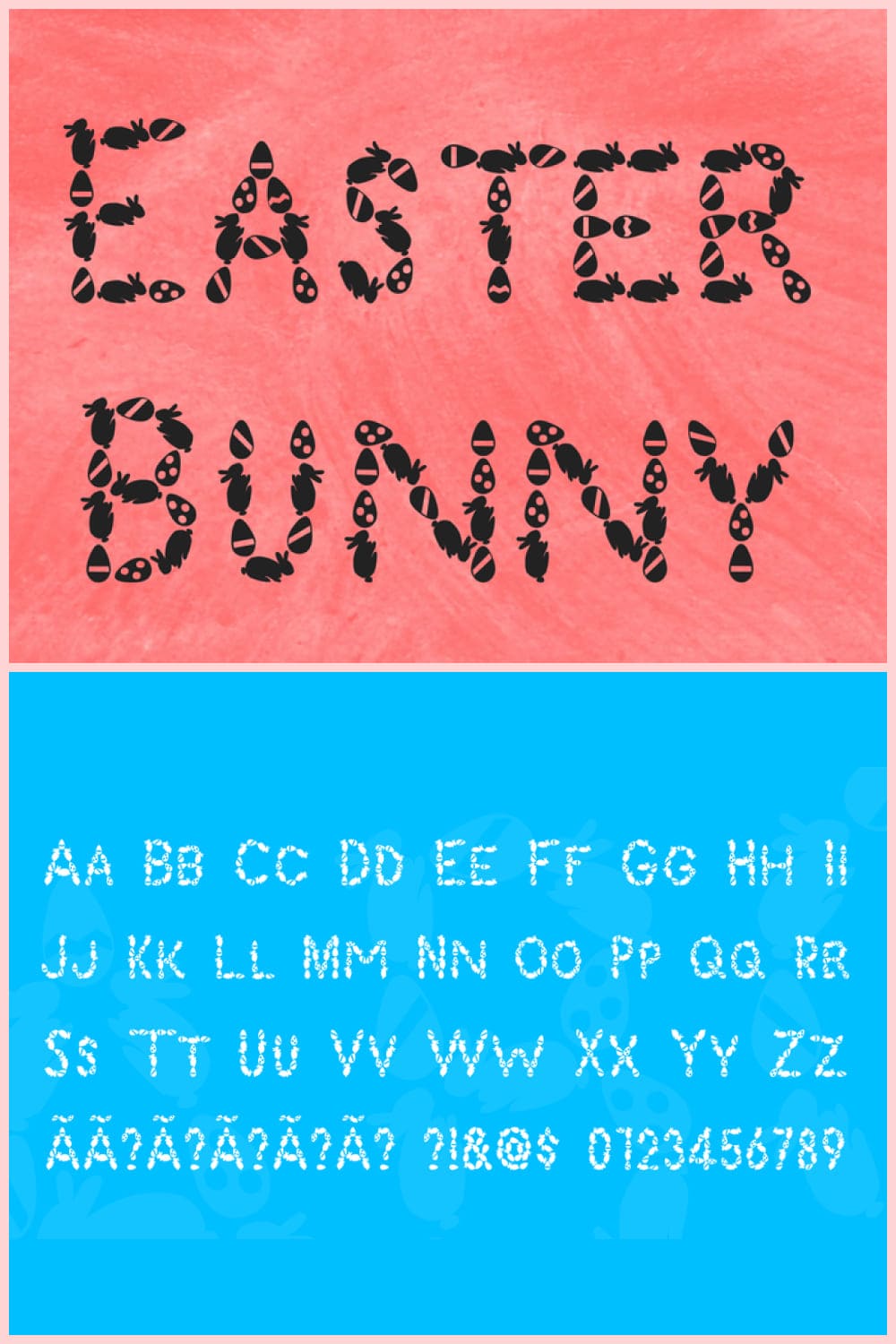 Letters made up of rabbits and eggs on a red and blue background.