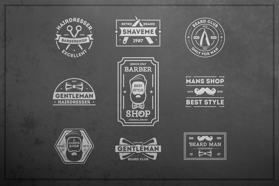 Grey background with vintage barber logos.