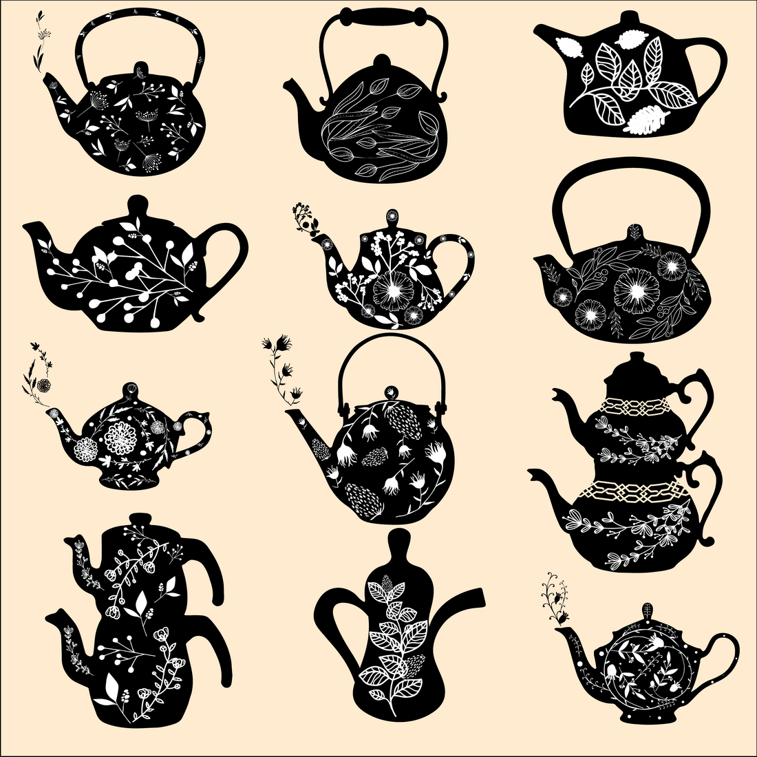 12 black and white teapots preview 1