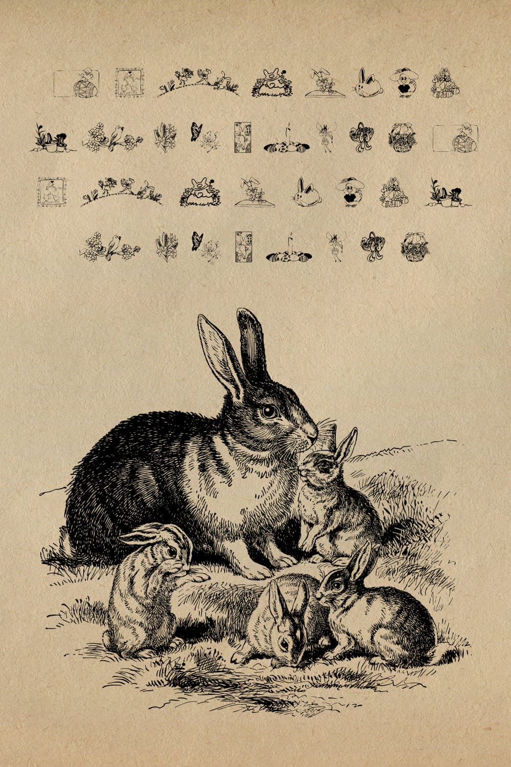 Rabbit family on brown background.