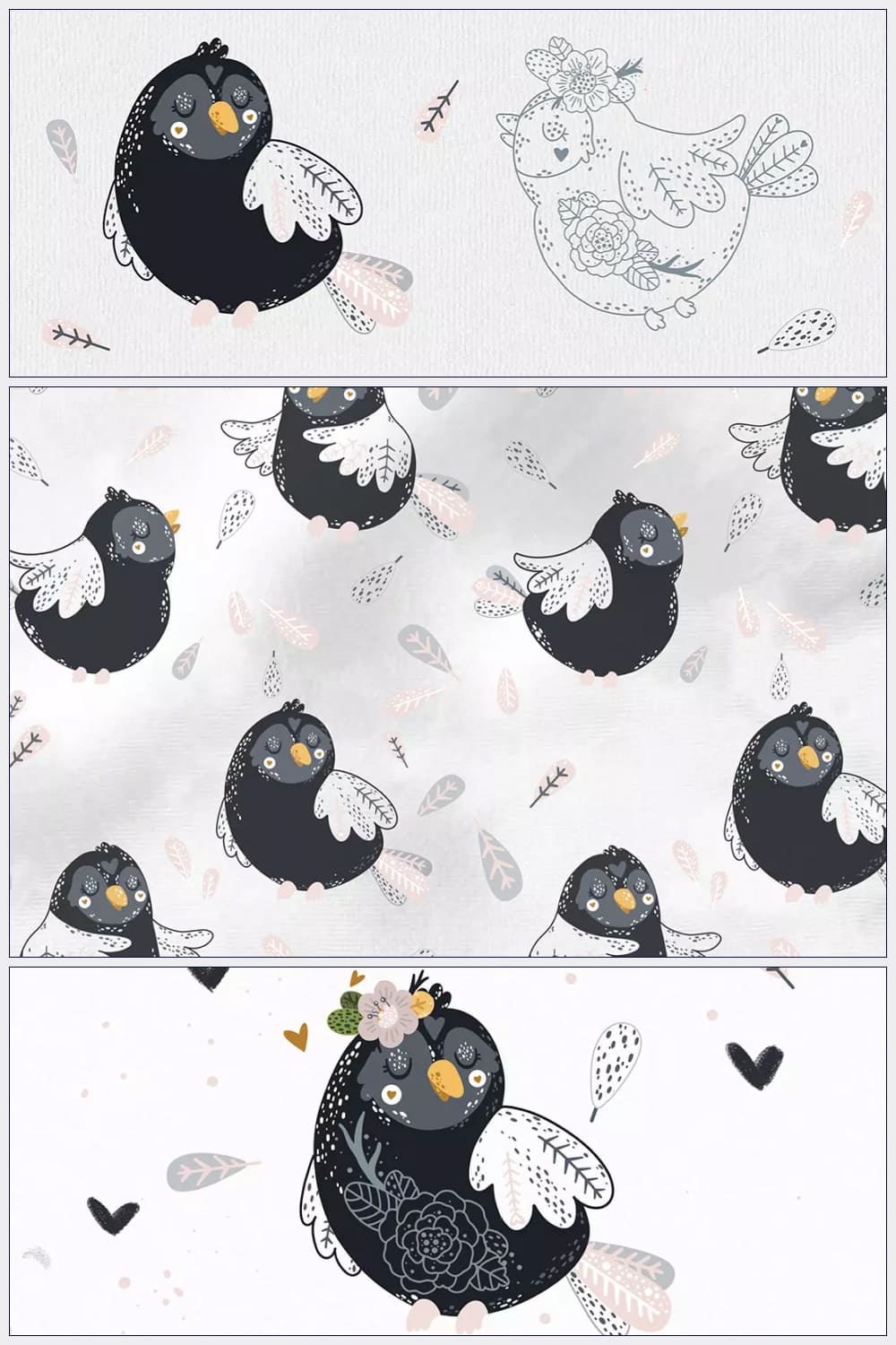 Black and white birds in not usual drawing technic.