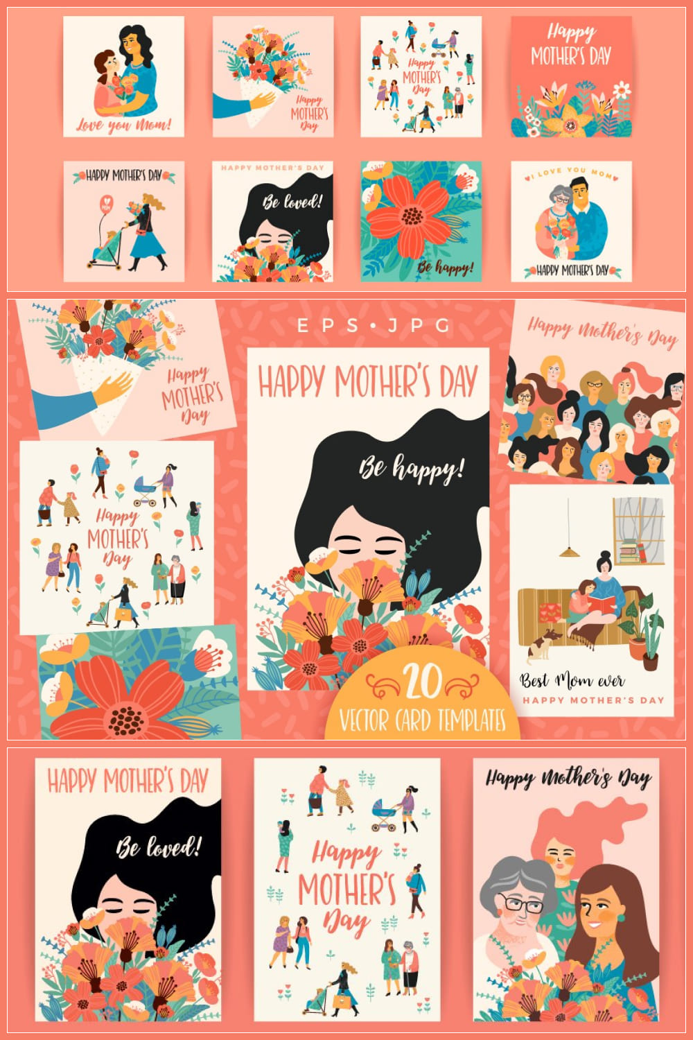 Coral collage with drawn postcards with mothers and grand mothers.