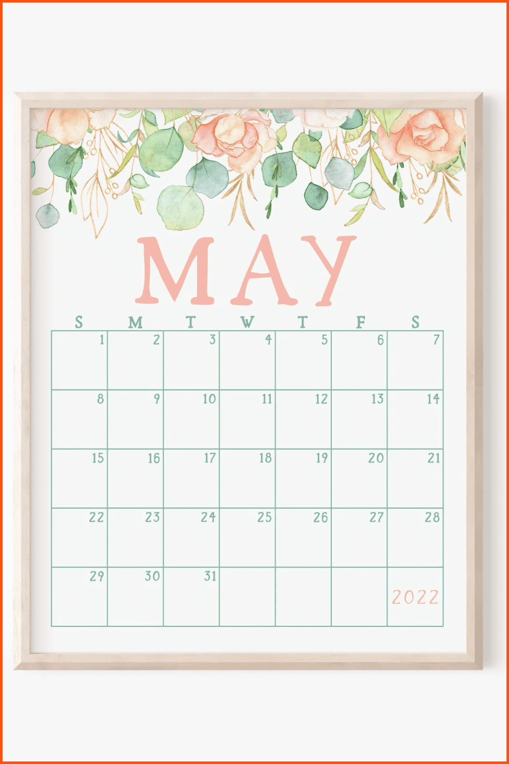 Printable Minimalistic Watercolor Calendar May 2022.