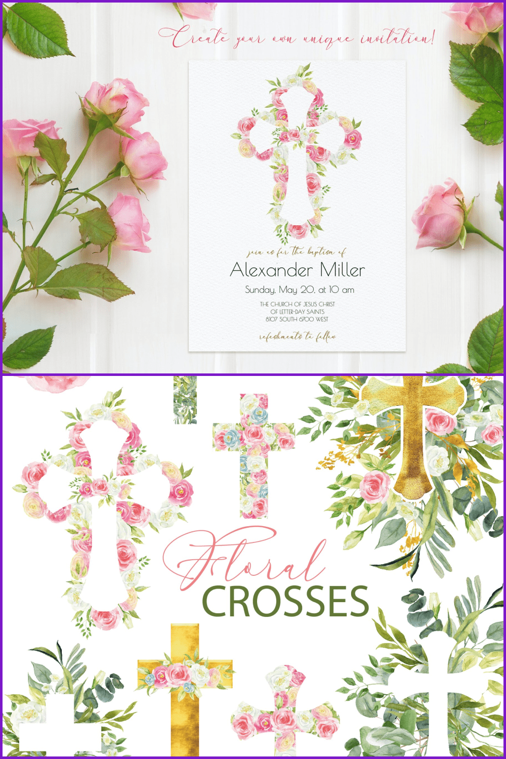 Watercolor floral Easter cross.