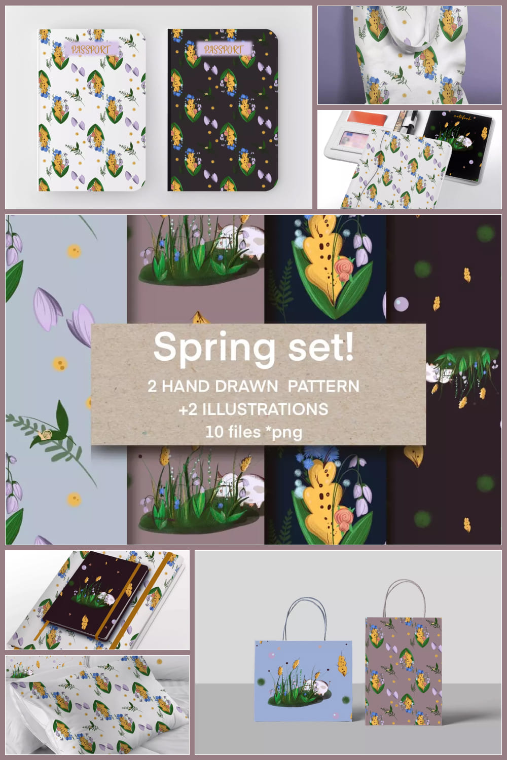 Collage with goods with spring flower patterns on them.