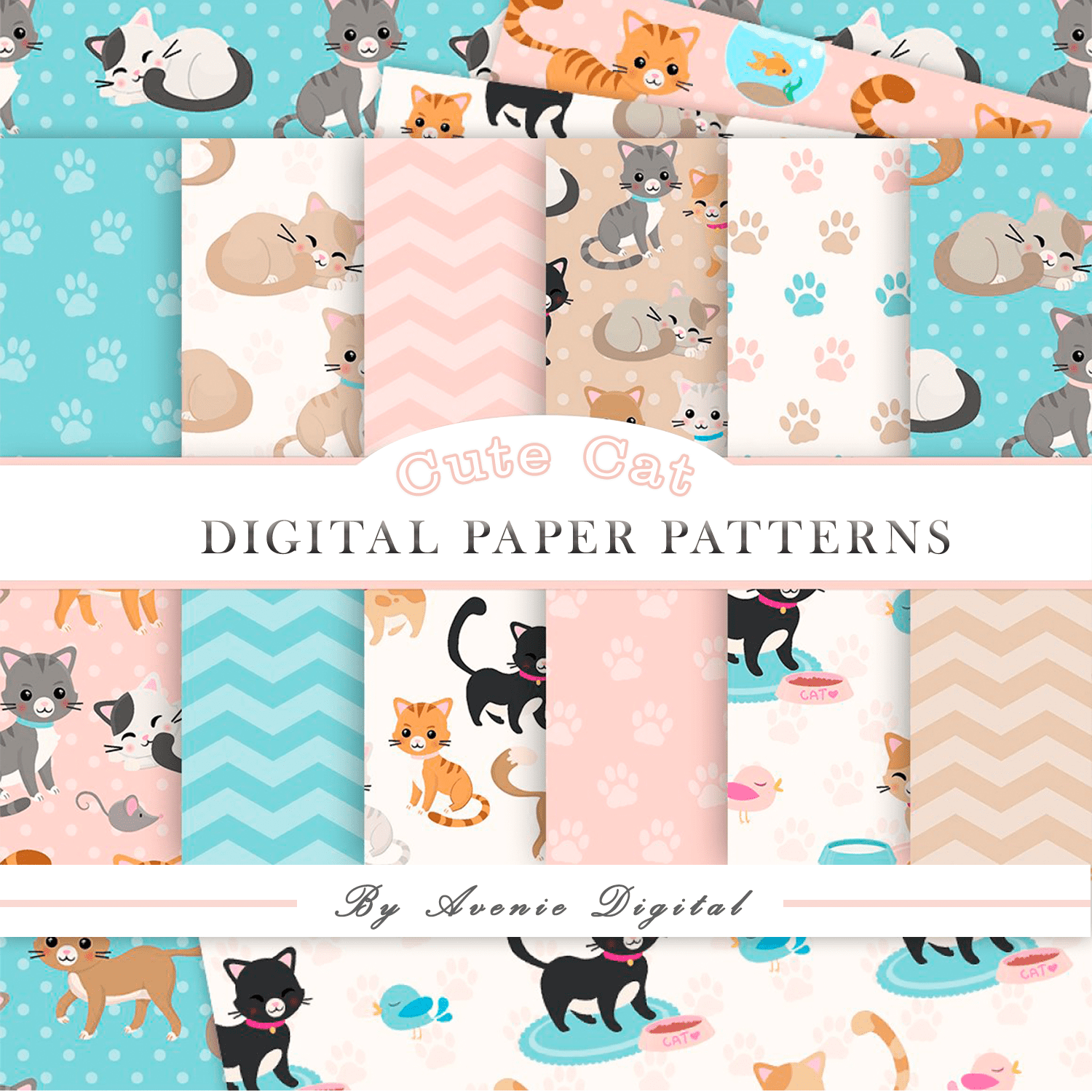 Cute Cat Digital Paper Patterns cover.