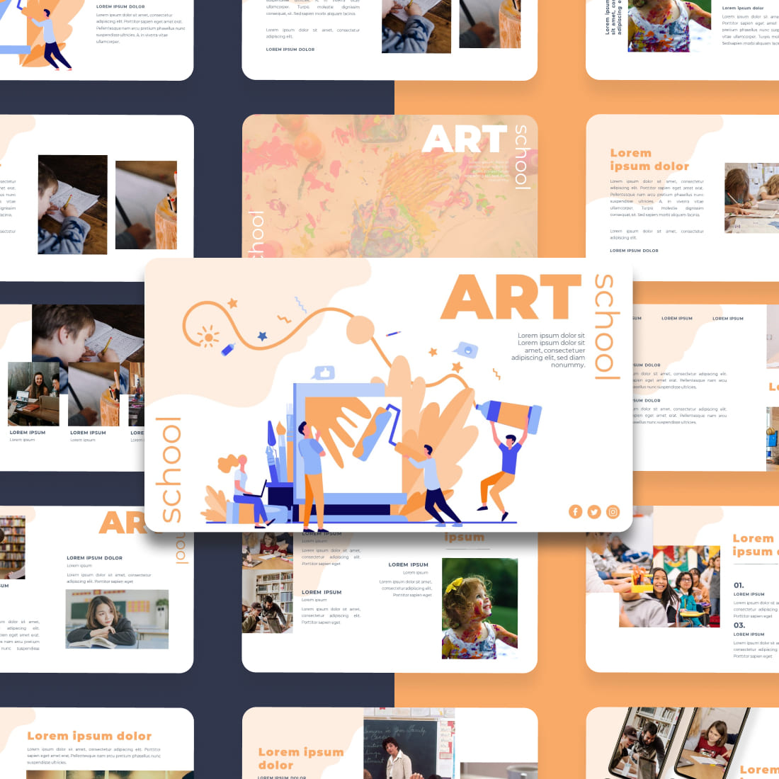 Art School Presentation: 50 Slides PPTX, KEY, Google Slides cover.