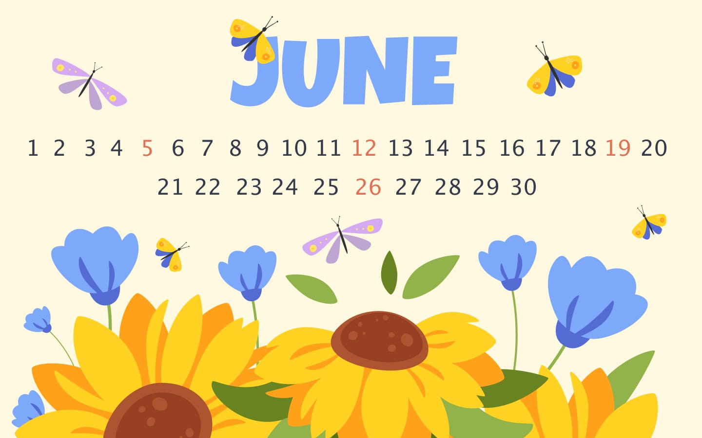 Yellow calendar with flowers for summer mood.