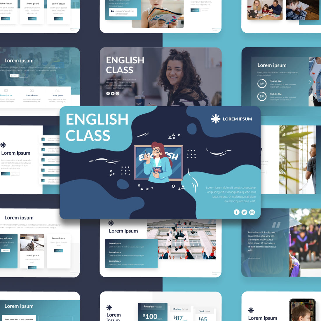 English Class Powerpoint Template: 50 Slides cover.