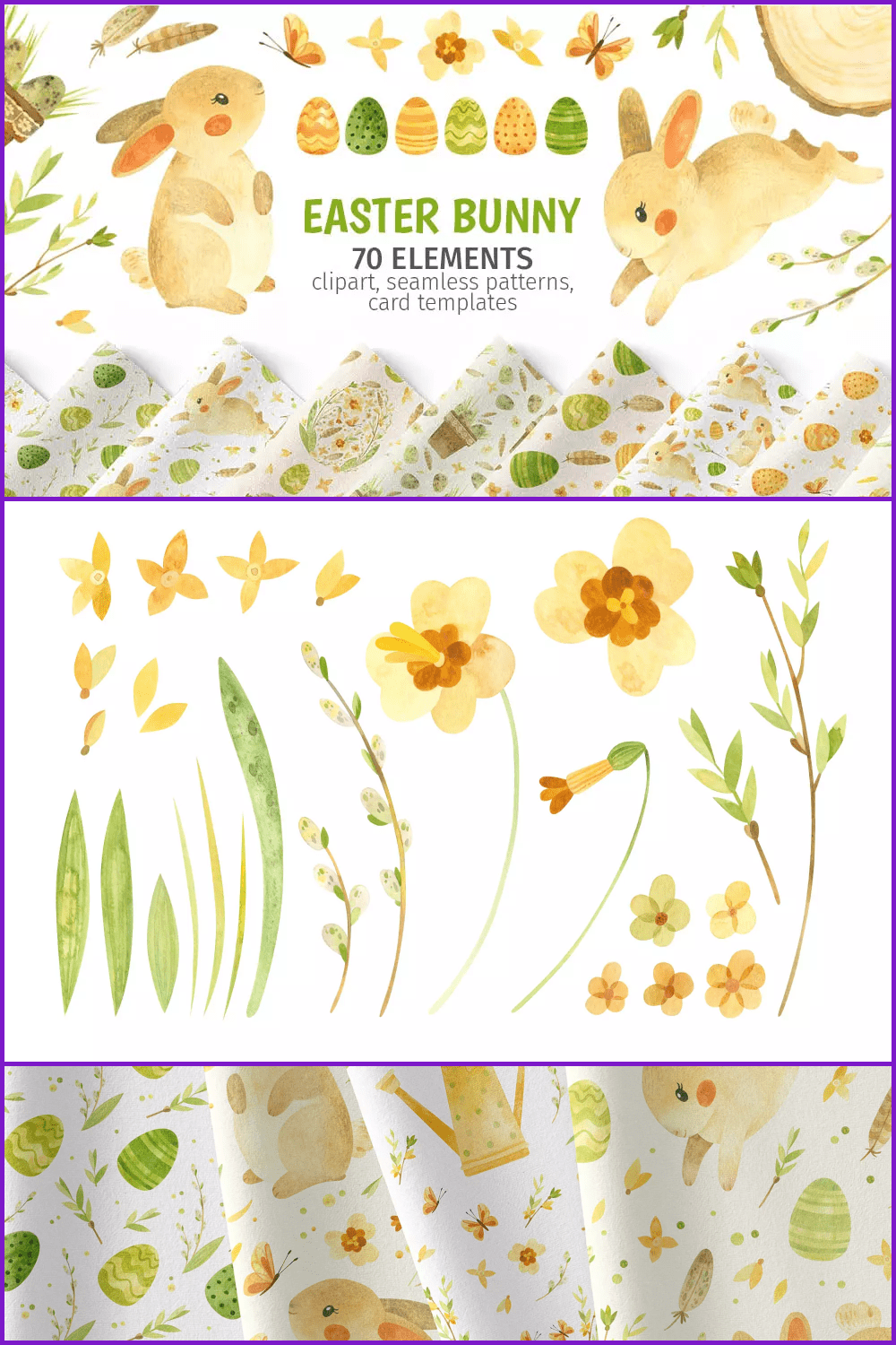 Rustic Easter Watercolor Clipart & Patterns: 70 Elements.