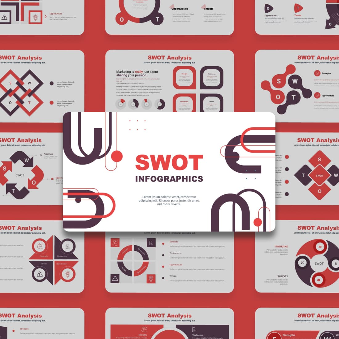 Red SWOT Keynote Template: 50 Slides cover.