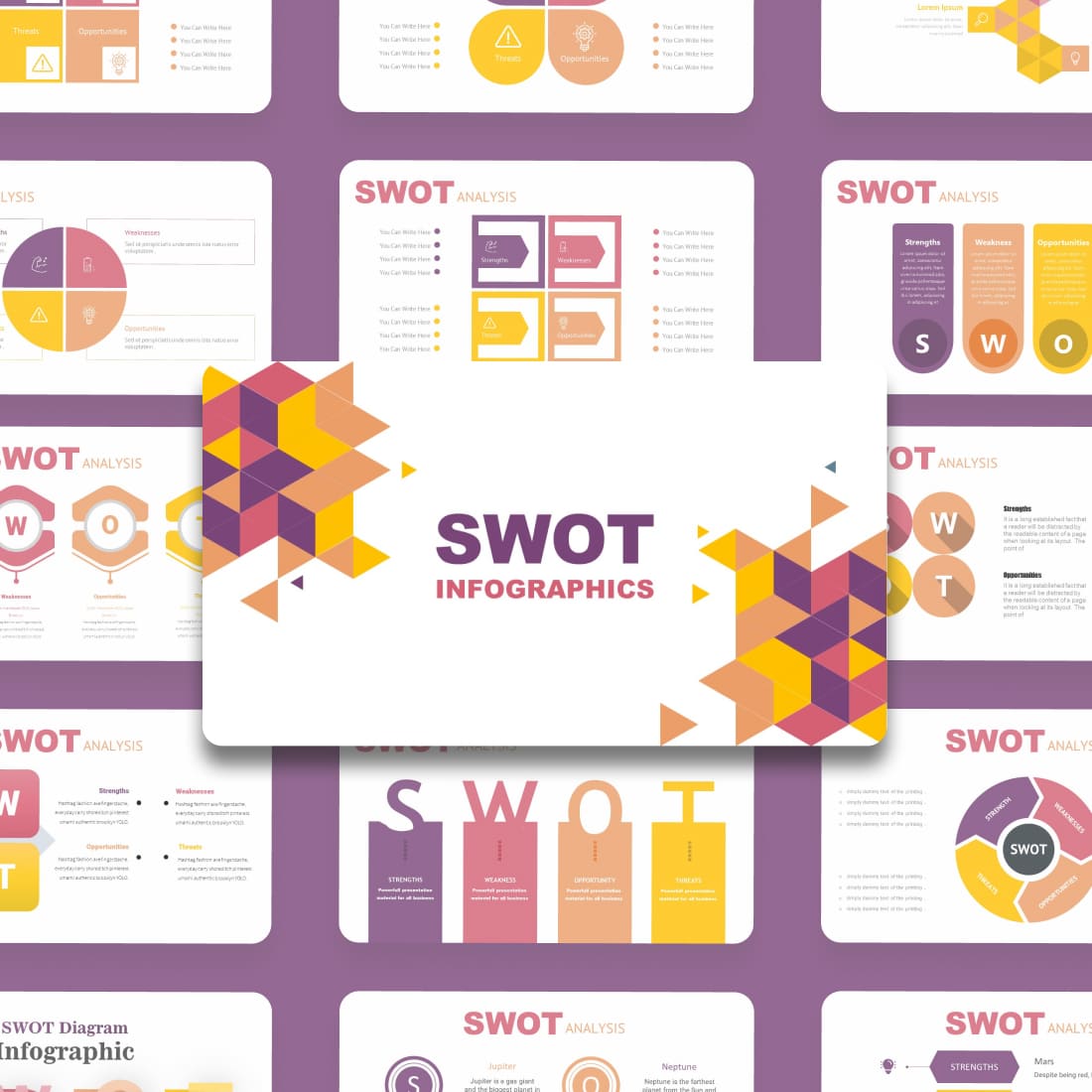 Purple SWOT Powerpoint Template: 50 Slides cover.