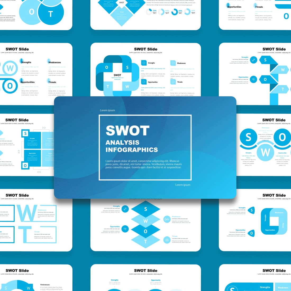 Blue SWOT Powerpoint Template: 50 Slides cover.