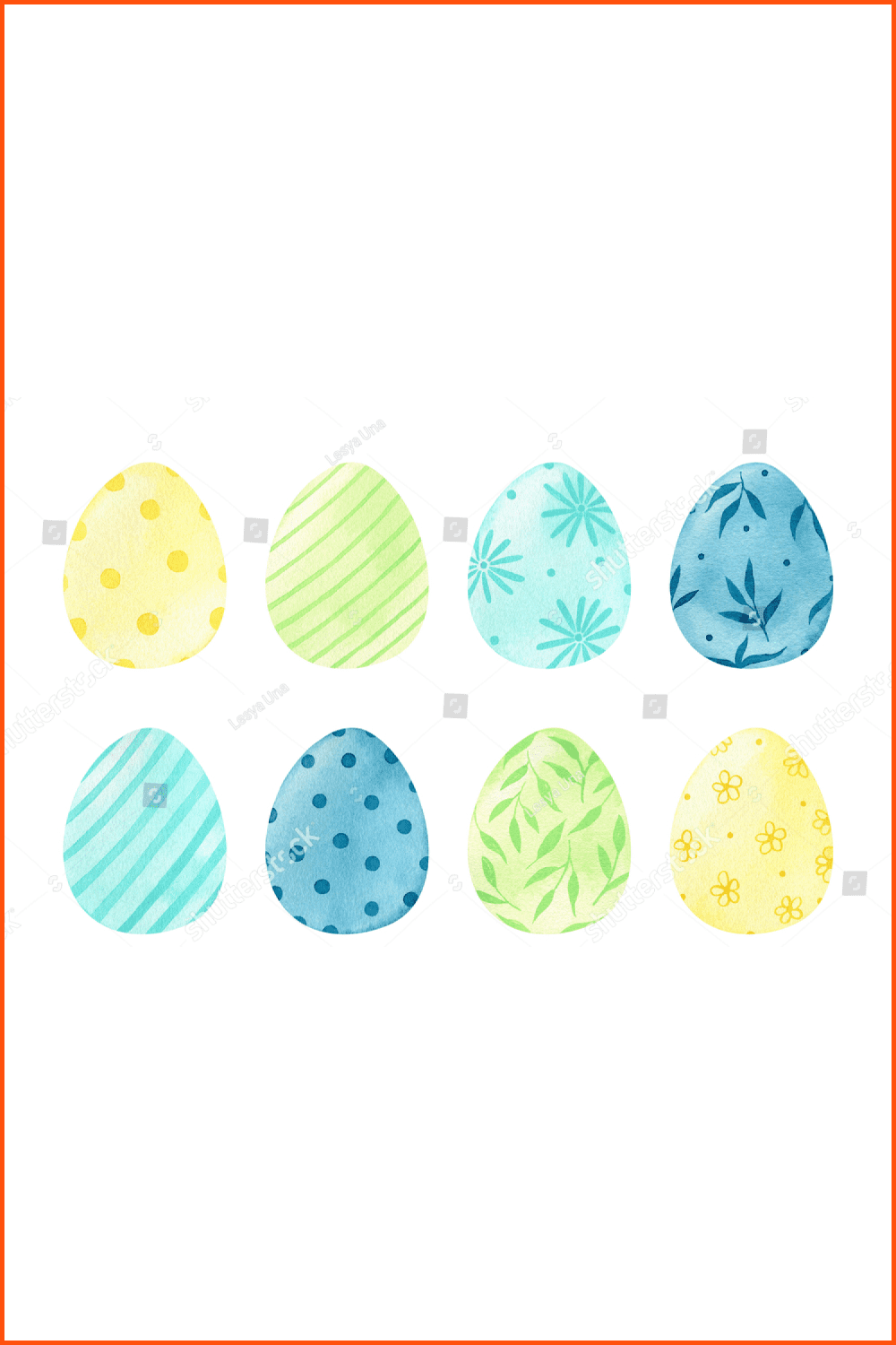 Watercolor set with decorated colored Easter eggs.