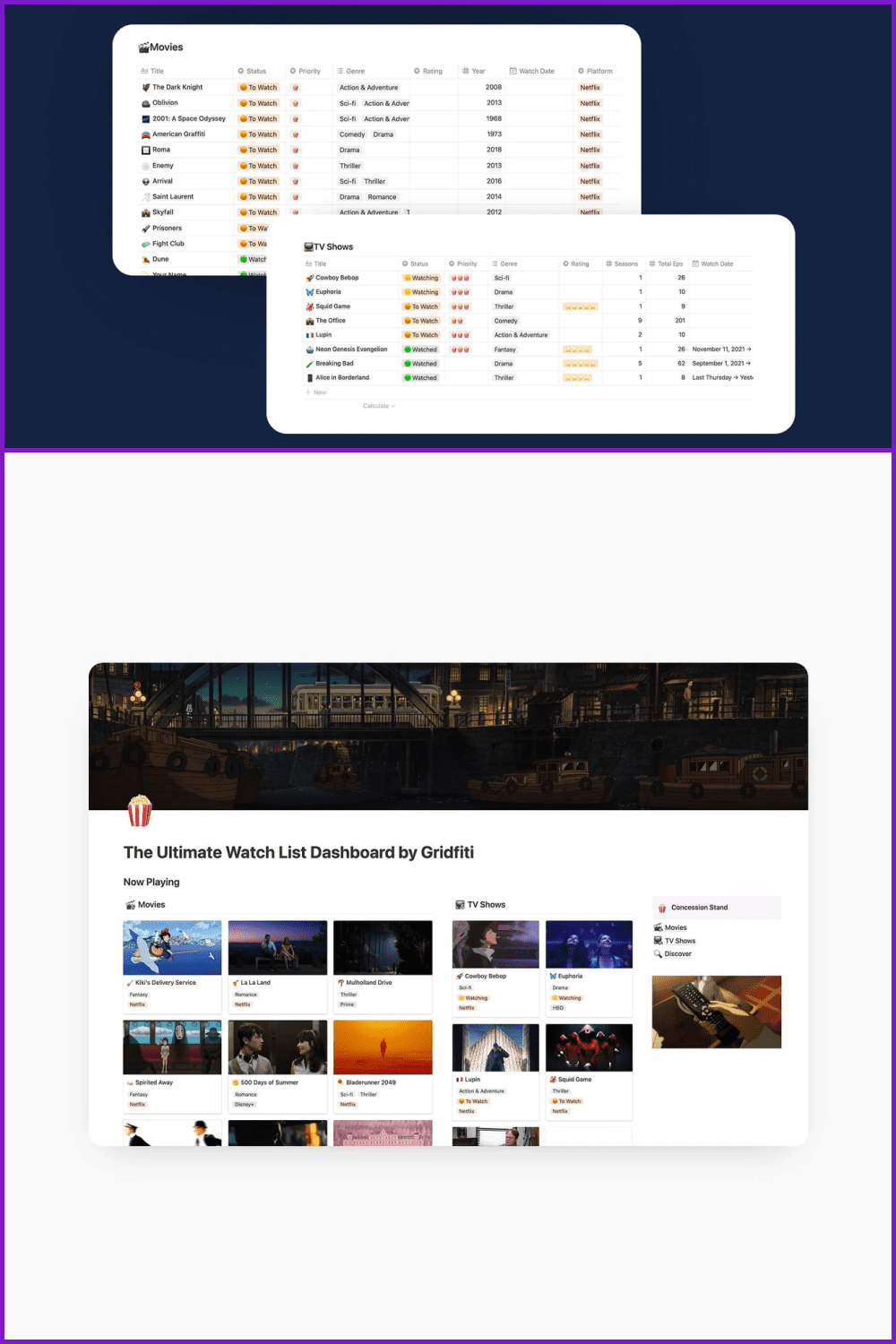 Aesthetic Movie, TV Show & Anime Watch List Template.