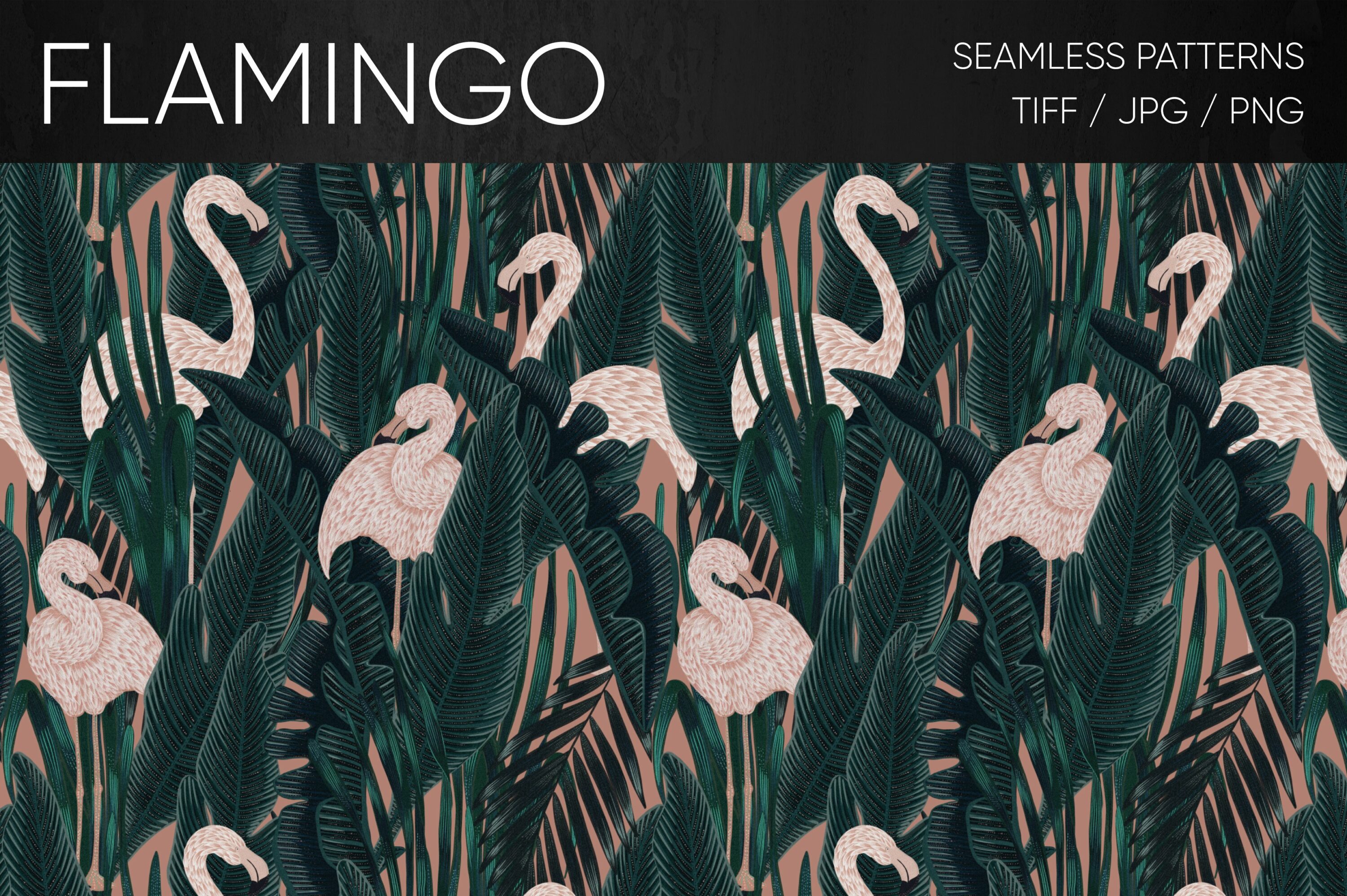 Dark green background with leaves and flamingo.