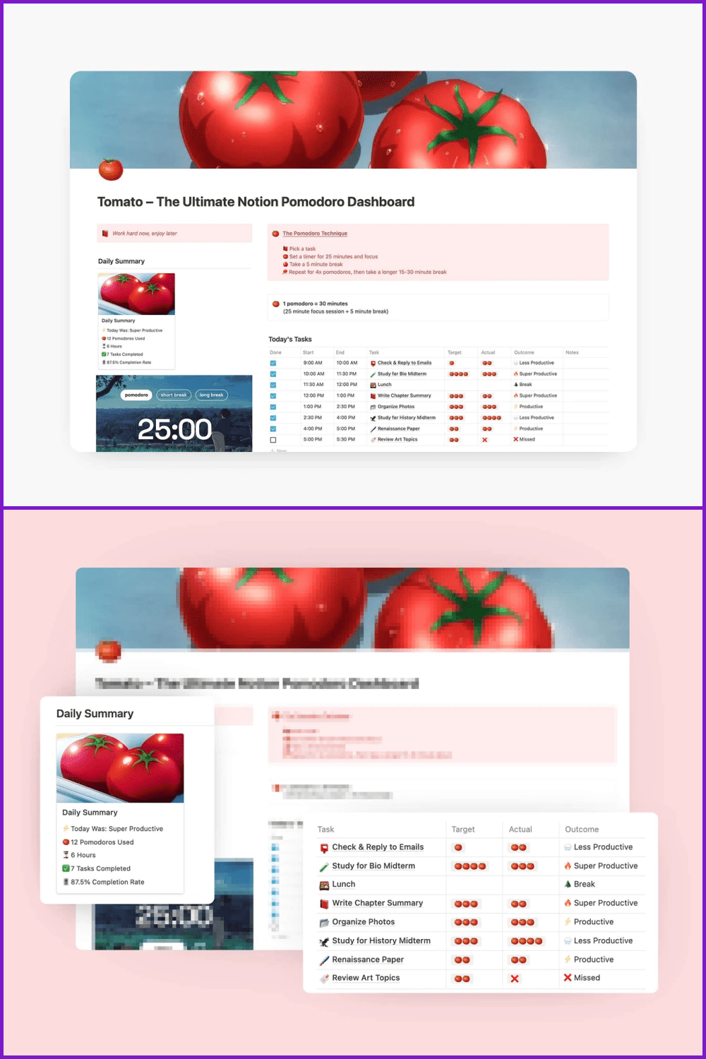 Tomato: Aesthetic Pomodoro Notion Template.