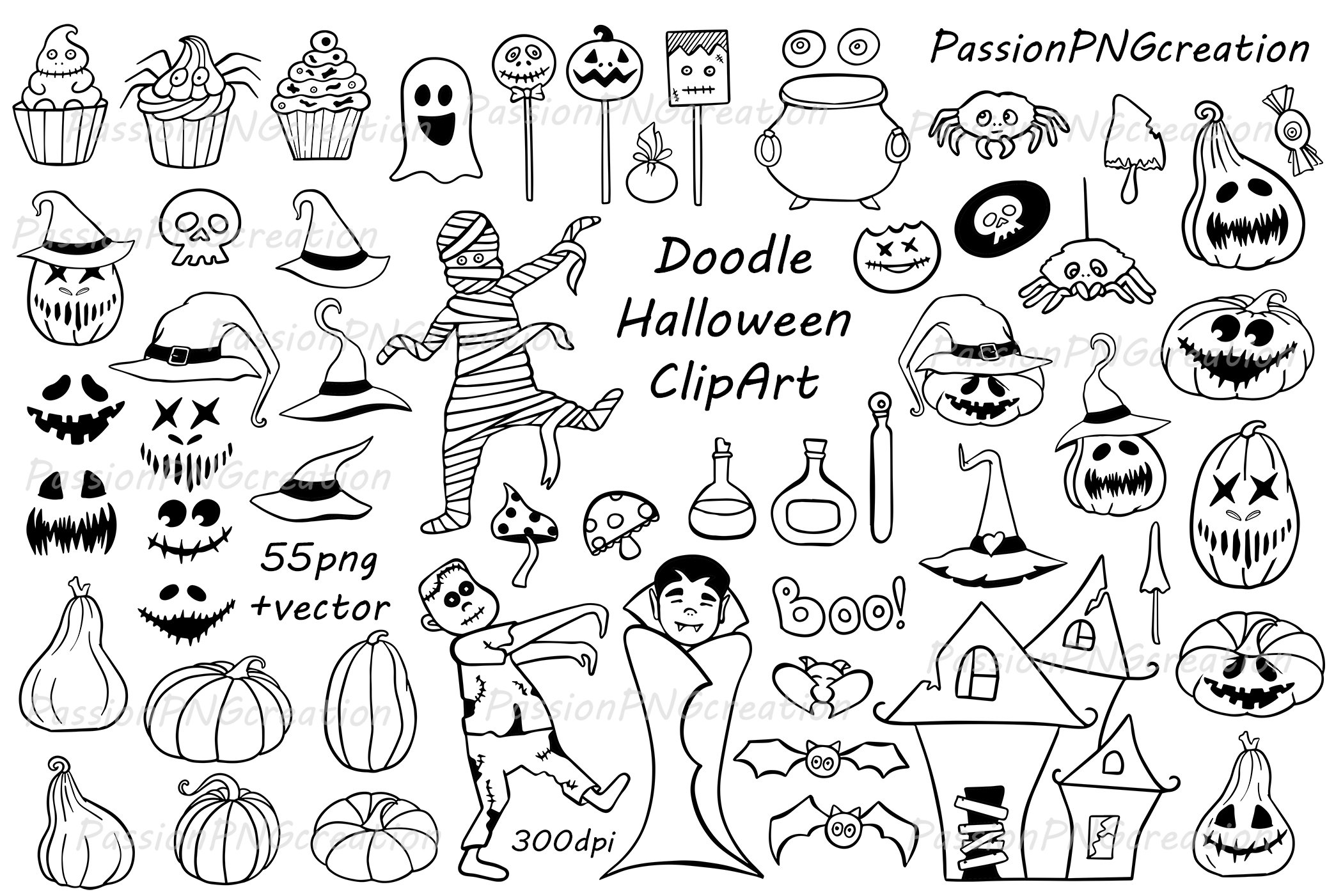 White background with black Halloween monsters.