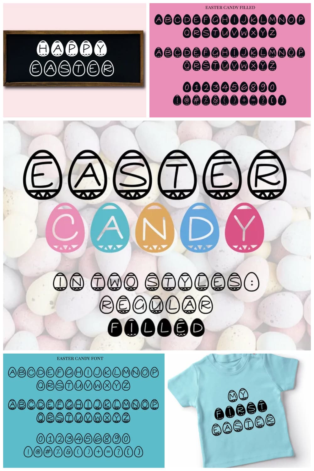 Font with colorful letters in eggs.