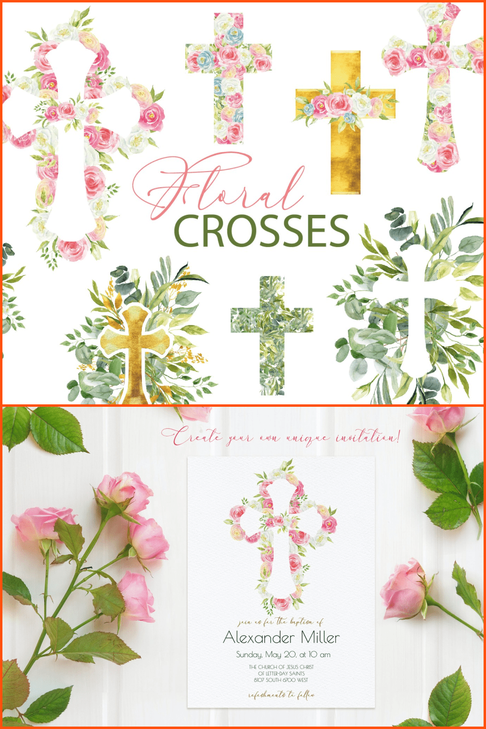 Watercolor floral Easter cross.