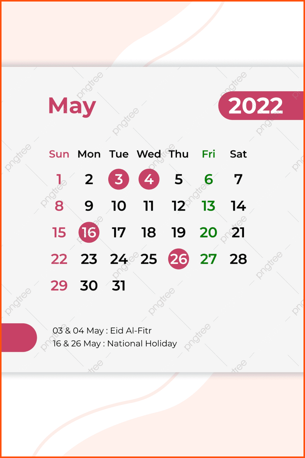 May 2022 Calendar Free Vector and PNG.