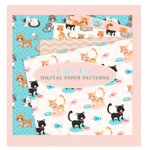Cute Cat Digital Paper Patterns.