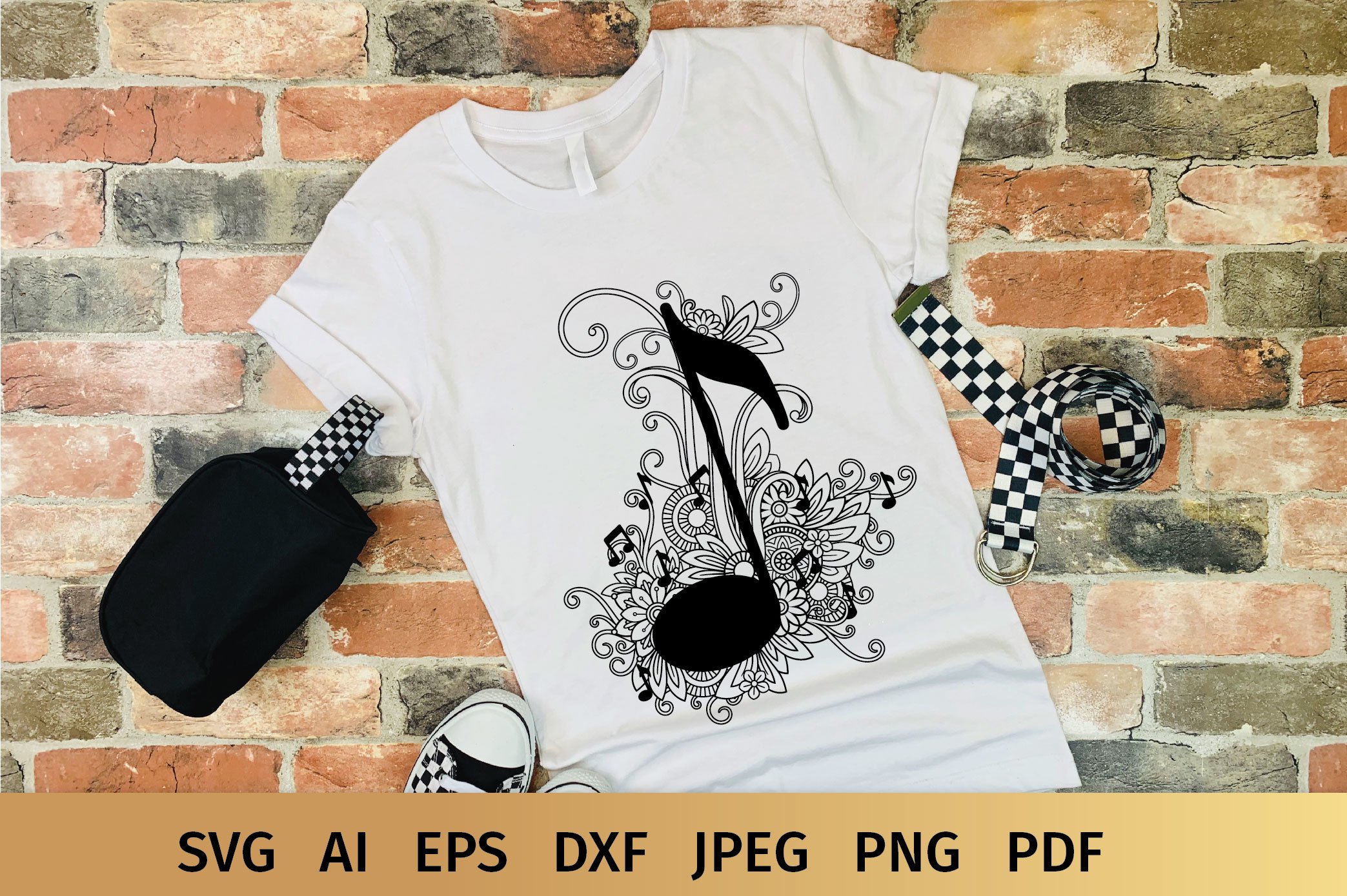 Classic white t-shirt with black music note.