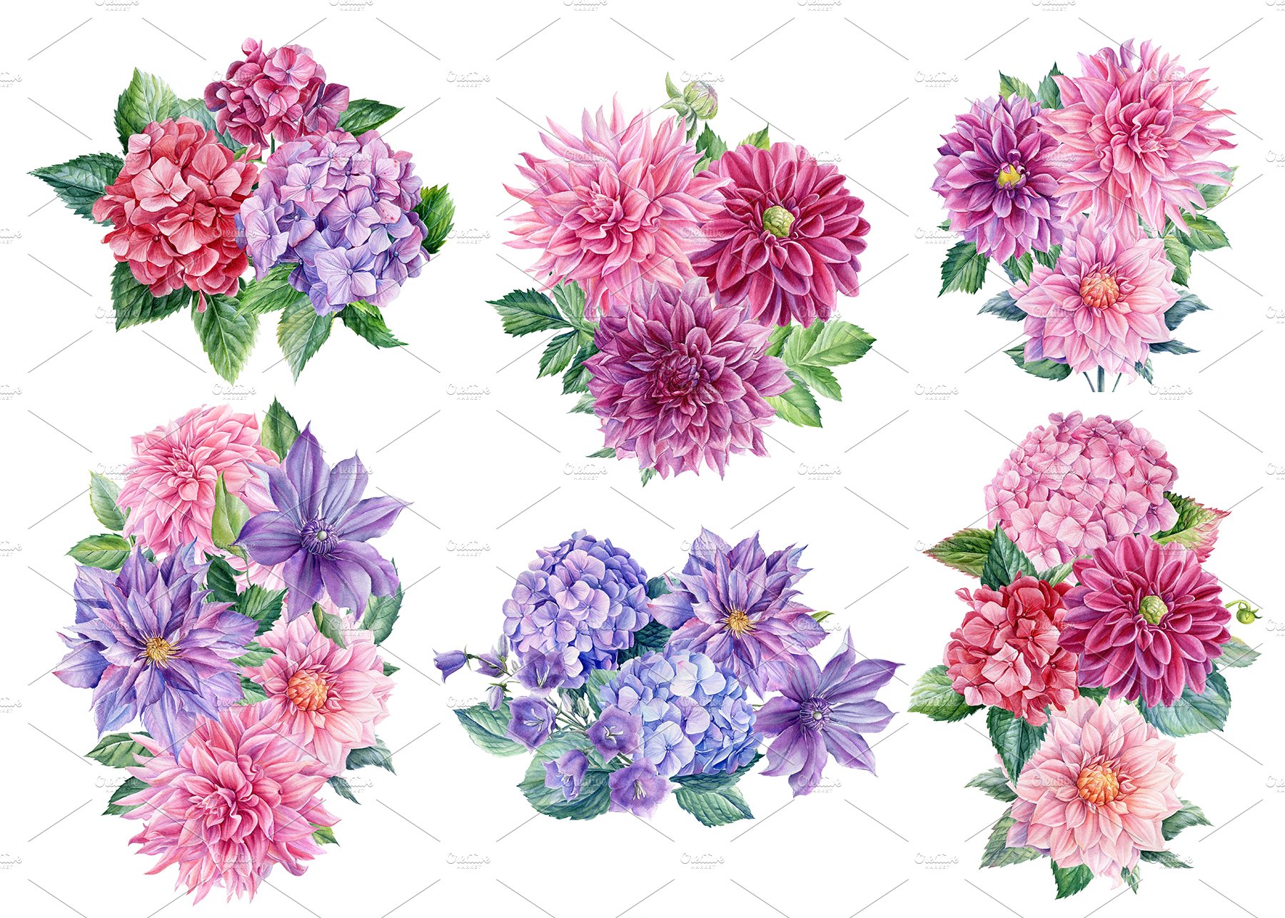 Beautiful set of flowers are hand-painted in watercolor.