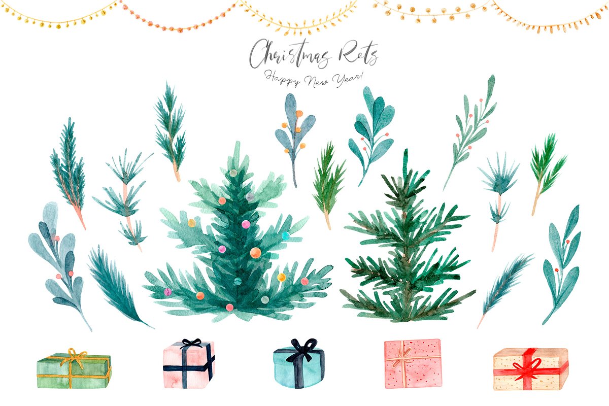 Collection of hand-drawn watercolor Christmas elements.