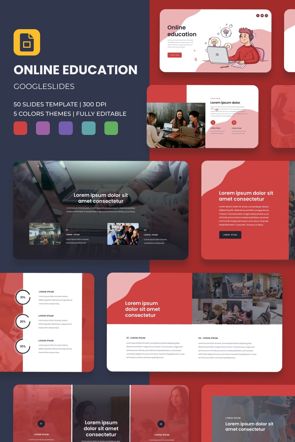Collage of presentation pages with red and pink elements.