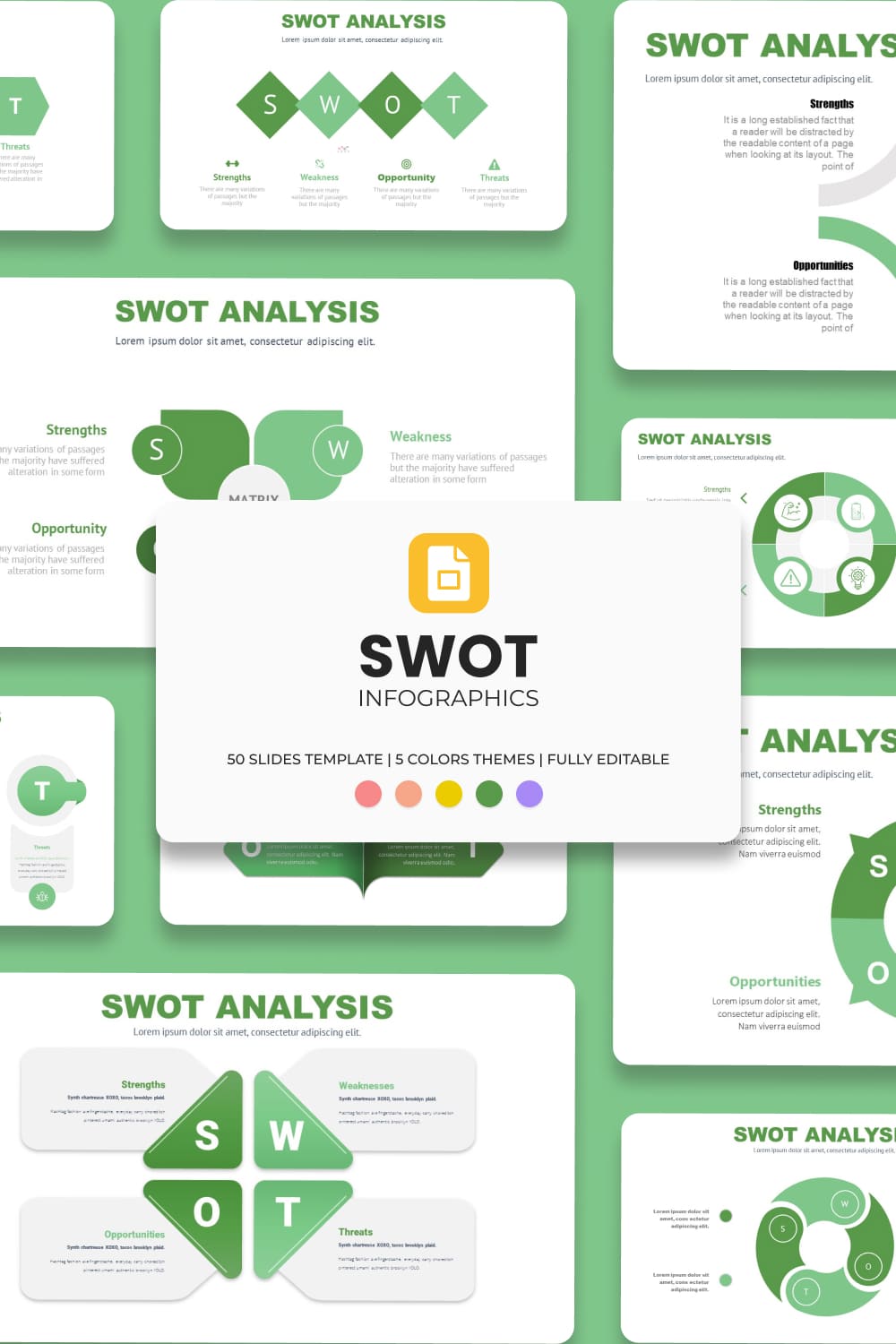 Green SWOT Google Slides Theme: 50 Slides.