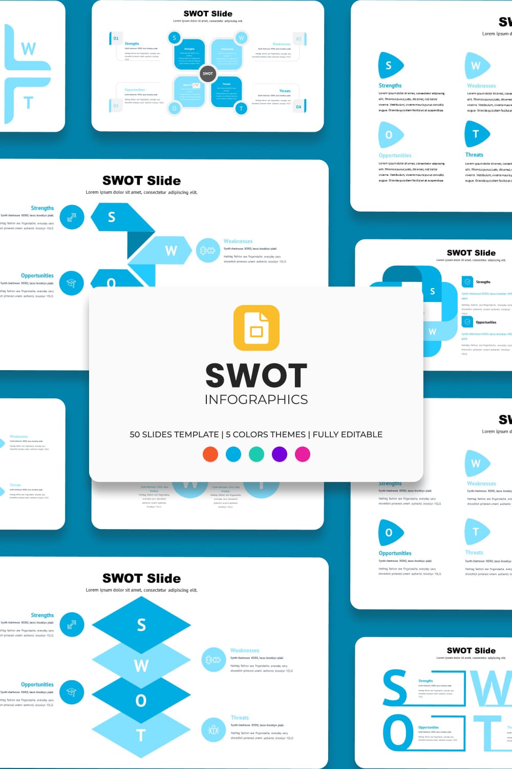 Blue SWOT Google Slides Theme: 50 Slides.