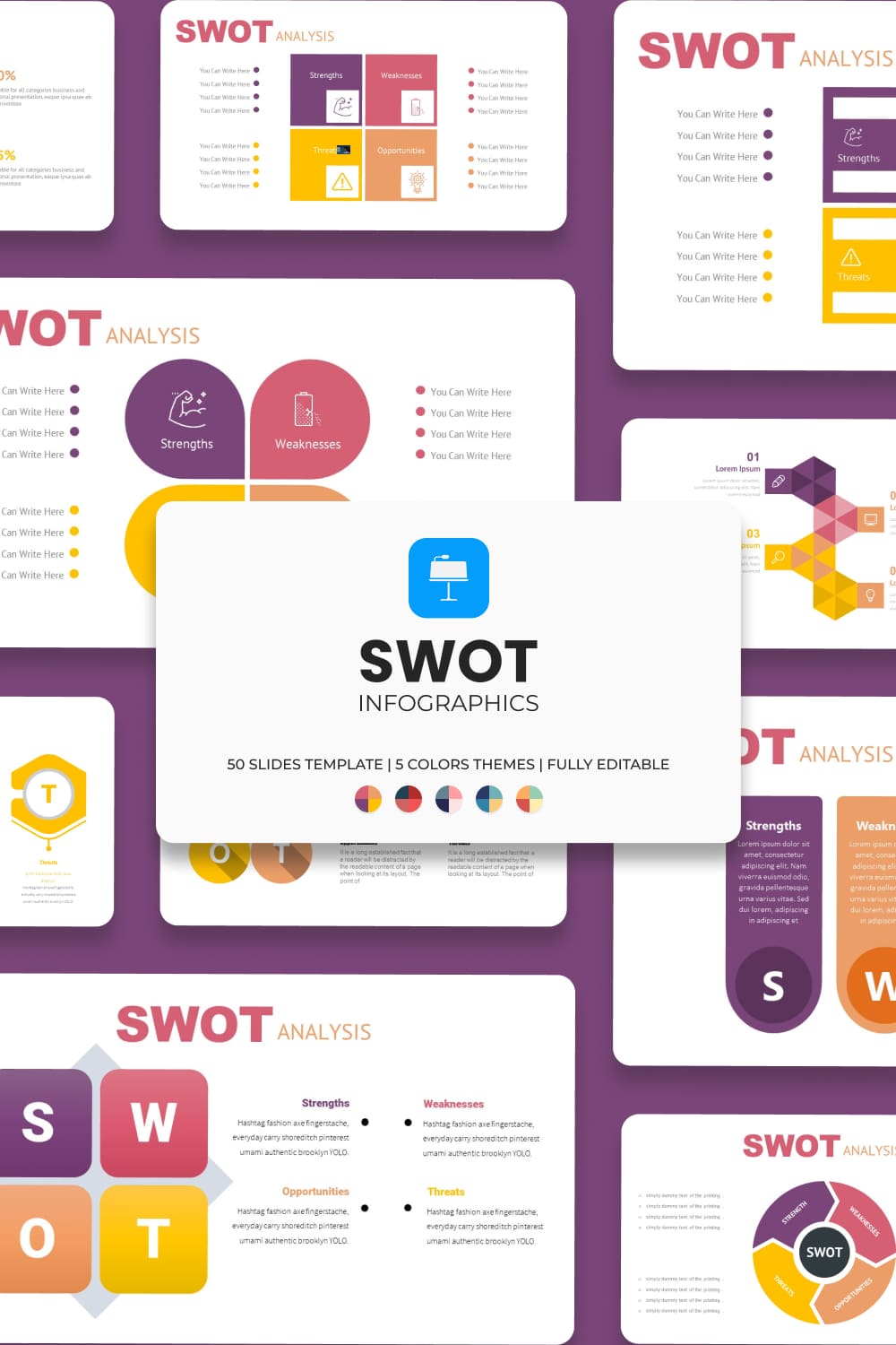 Purple SWOT Keynote Template: 50 Slides.