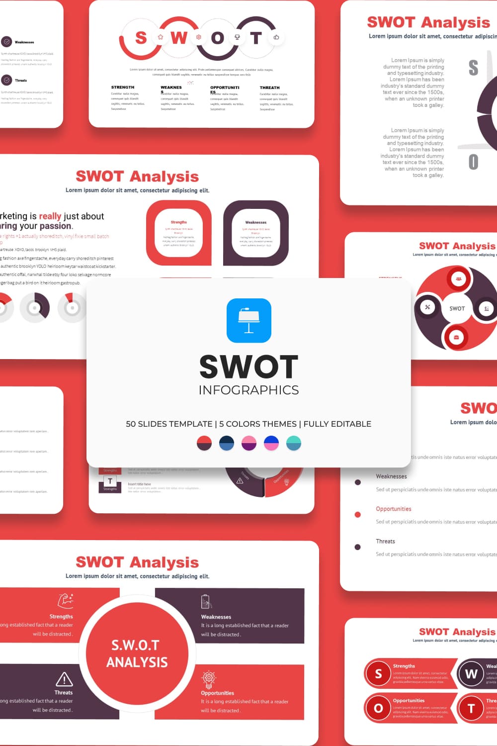 Red SWOT Keynote Template: 50 Slides.