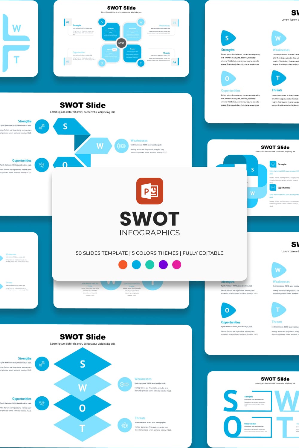 Blue SWOT Powerpoint Template: 50 Slides.