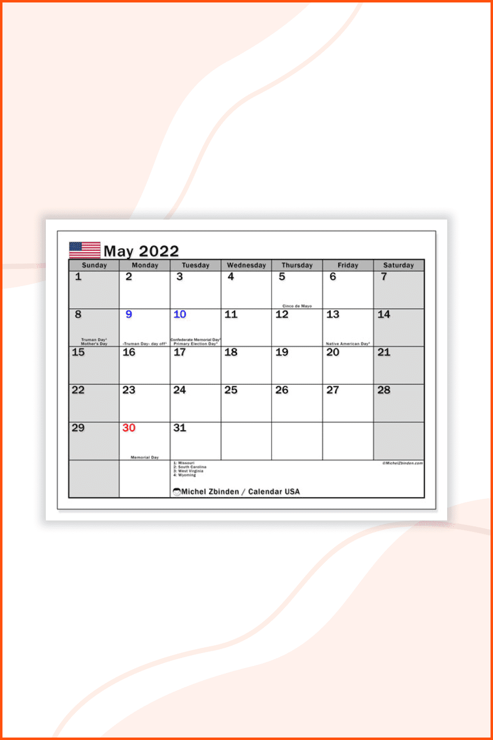 Monthly calendar and agenda May 2022.