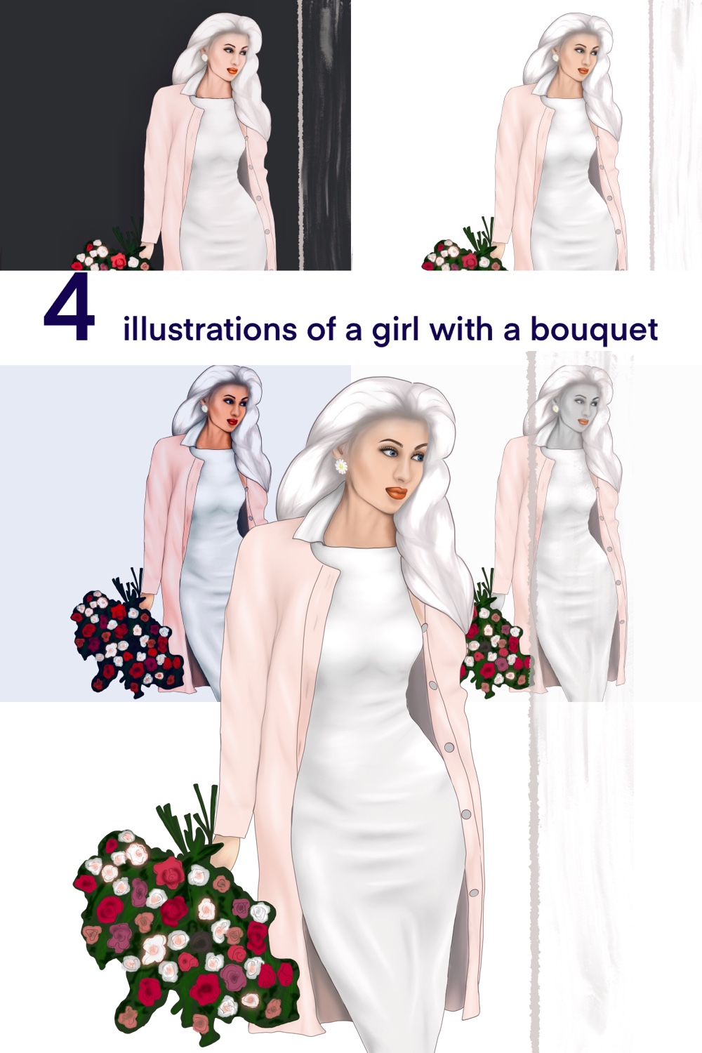 Illustrations of a Girl with a Bouquet pinterest image.