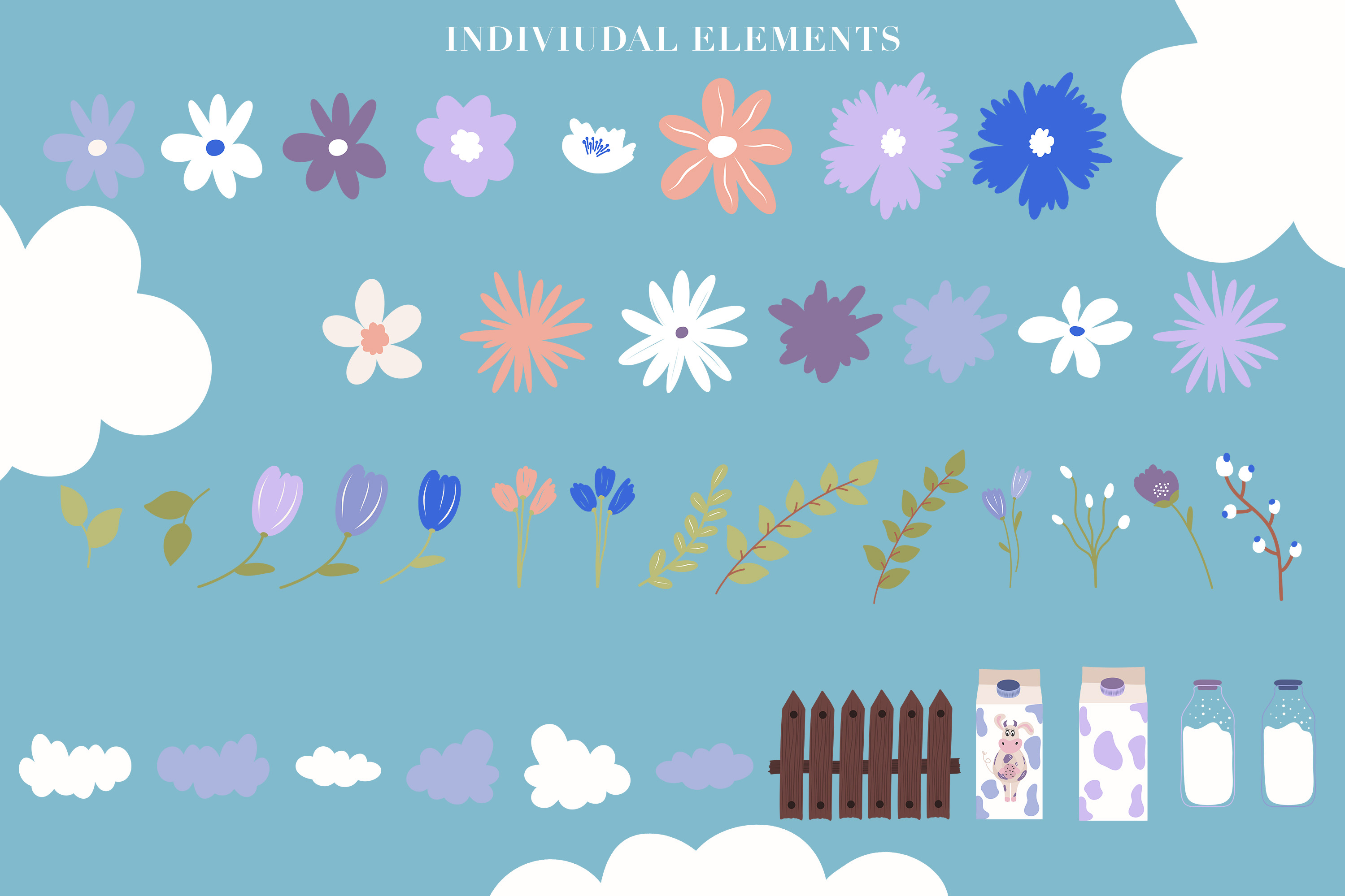 Milky Cows Cute Illustrations flower elements.