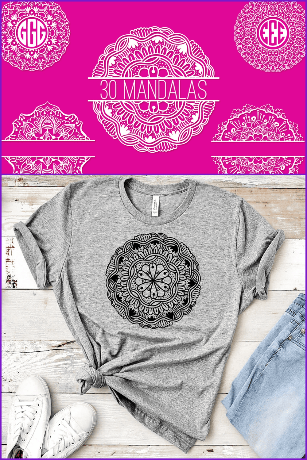 This vibrant mandala will perfectly decorate the products of your project - be it an eco-bag or a T-shirt.